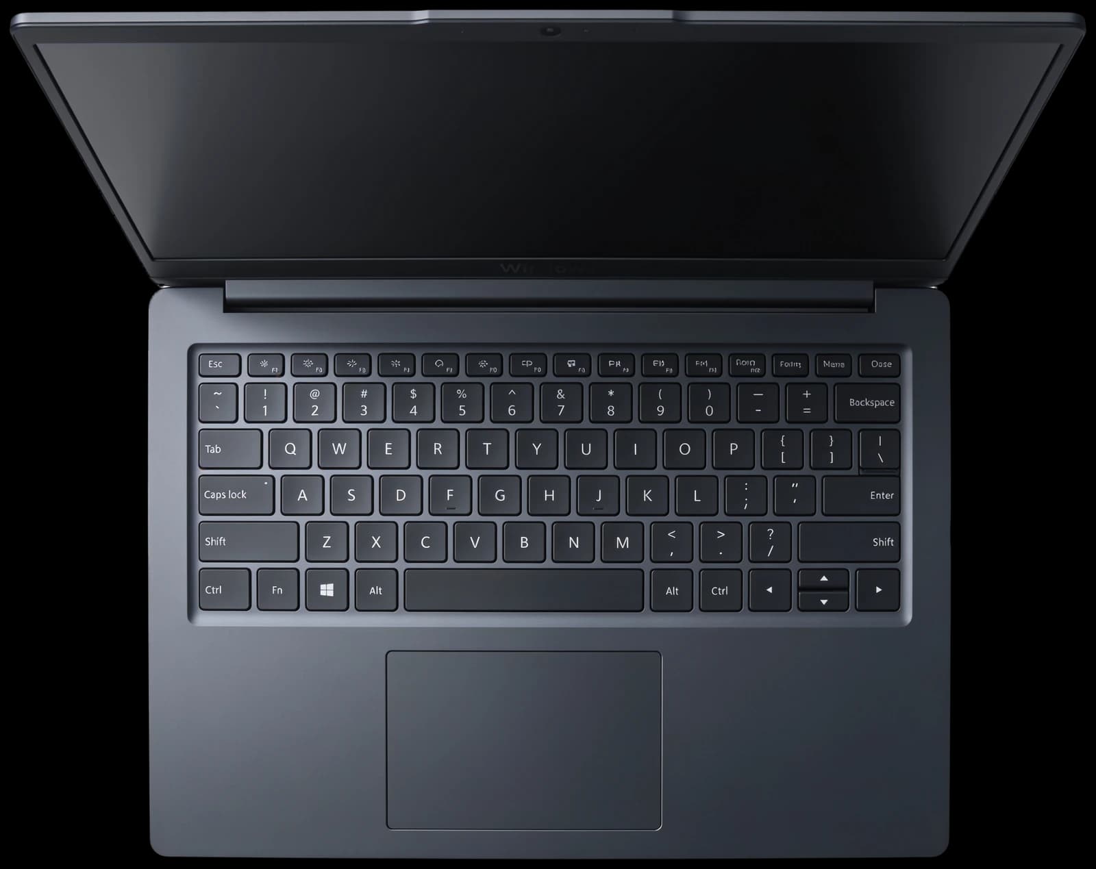 Aufgeklappter Windows-Laptop von oben, freigestellt