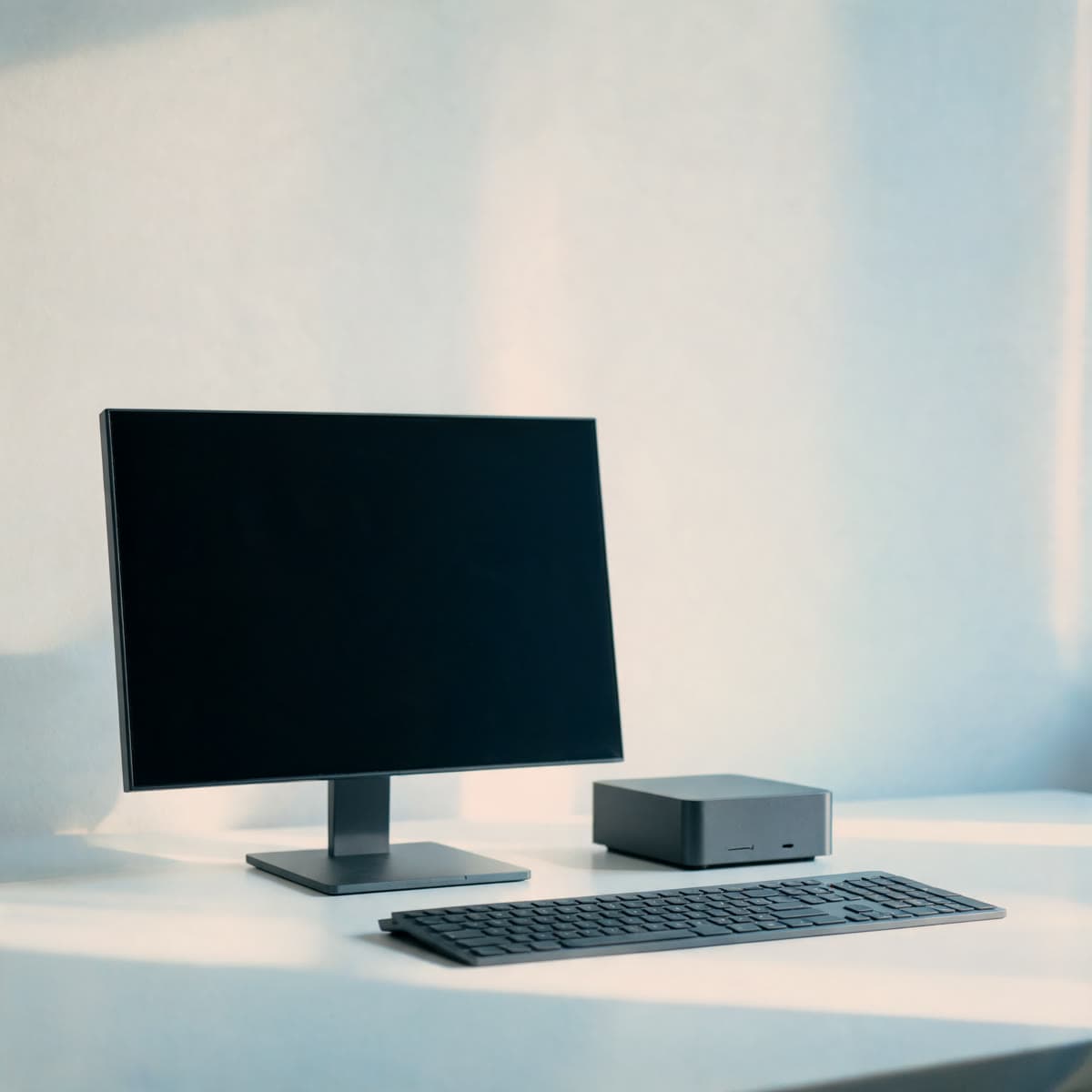 Aufgeräumter Arbeitsplatz mit Monitor, Mini-PC und Tastatur