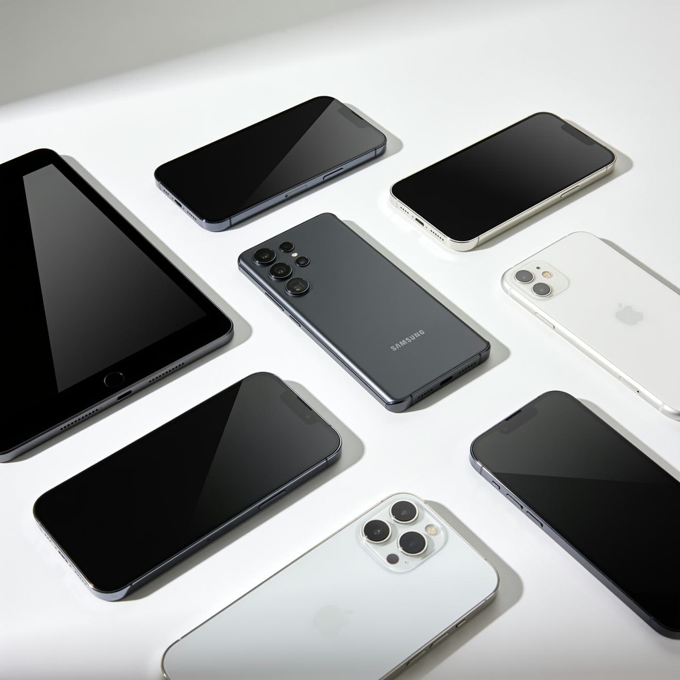 Mehrere Smartphones gefächert neben einem Tablet