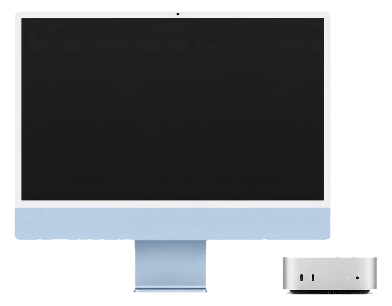 iMac 24 Zoll in Blau neben einem Mac mini, freigestellt