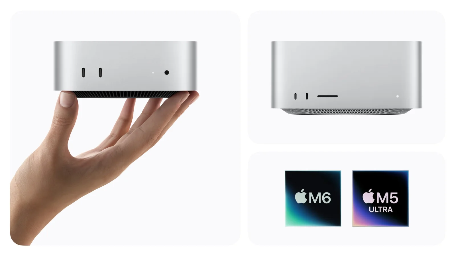 Eine Hand hält einen Mac mini, daneben stehen ein Mac Studio und die Chip-Logos M6 und M5 Ultra